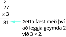 Lóðrétt uppstillt margföldunardæmi sýnir 27 margfaldað með 3, sem gefur 81. Ör sýnir að „8“ í 81 fæst með (3 × 2) að viðbættu „2“ sem var fært yfir úr 3 × 7 = 21.