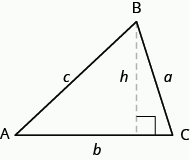Þríhyrningur er sýndur. Hornpunktarnir eru merktir A, B og C. Hliðarnar eru merktar a, b og c. Lóðrétt punktalína liggur frá hornpunkti B efst í þríhyrningnum að grunnlínu hans og mætir henni undir réttu horni. Punktalínan er merkt h.