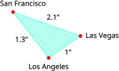 Þríhyrningur er sýndur. Hornpunktarnir eru merktir San Francisco, Las Vegas og Los Angeles. Hliðin á móti San Francisco er merkt 1 tomma, hliðin á móti Las Vegas er merkt 1,3 tommur og hliðin á móti Los Angeles er merkt 2,1 tomma.