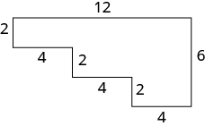 Mynd af átta hliða formi. Réttsælis er fyrsta hliðin 2 tommur, hlið 2 er 12 tommur, hlið 3 er 6 tommur, hlið 4 er 4 tommur, hlið 5 er 2 tommur, hlið 6 er 4 tommur, hlið 7 er 2 tommur og hlið 8 er 4 tommur.