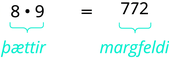 Myndin sýnir jöfnuna 8 · 9 = 72. Tölurnar 8 og 9 eru merktar sem þættir og 72 sem margfeldi.