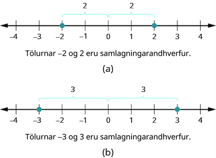 Myndin sýnir tvær talnalínur. Á þeirri fyrri eru punktar við mínus 2 og 2 og fyrir neðan stendur að tölurnar mínus 2 og 2 séu samlagningarandhverfur. Á þeirri síðari eru punktar við mínus 3 og 3 og fyrir neðan stendur að mínus 3 og 3 séu samlagningarandhverfur.