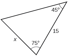 Þríhyrningur. Eitt horn er 45 gráður og hlið þess er mótlæg = x. Annað horn er 75 gráður. Hliðin sem liggur að 45 og 75 gráðu hornunum angles = 15.