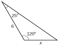 Þríhyrningur með eitt angle = 120 gráðu horn. Annað horn er 25 gráður og hlið þess er mótlæg = x. Hliðin sem liggur að 25 og 120 gráðu hornunum hefur lengdina 6.