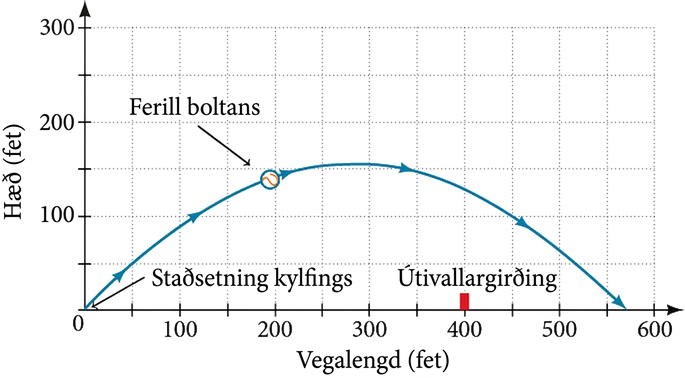 Teiknaður kastferill slegins bolta. Slagmaðurinn er í upphafspunkti, braut boltans er breiður fleygbogi sem opnast niður og útvallarveggurinn er lóðrétt línustrik sem nær 10 fet upp undir feril boltans.