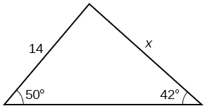 Þríhyrningur. Eitt horn er 50 gráður og hlið þess er mótlæg = x. Annað horn er 42 gráður og mótlæg hlið þess er side = 14.