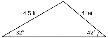 Þríhyrningur. Eitt horn er 32 gráður og mótlæg hlið þess er side = 4. Annað horn er 42 gráður og mótlæg hlið þess er side = 4.5.