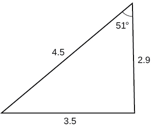 Þríhyrningur. Eitt horn er 51 gráður og mótlæg hlið þess er side = 3.5. Hinar hliðarnar tvær eru 4.5 og 2.9.