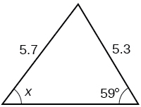 Þríhyrningur. Eitt horn er 59 gráður og mótlæg hlið þess er side = 5.7. Annað horn er x gráður og mótlæg hlið þess er side = 5.3.
