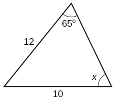 Þríhyrningur. Eitt horn er 65 gráður og mótlæg hlið þess er side = 10. Annað horn er x gráður og mótlæg hlið þess er side = 12.