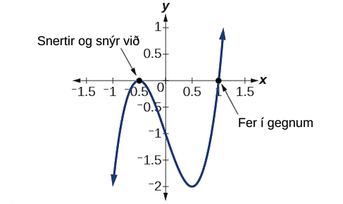 Graf margliðu með staðbundið hágildi í (-0,5; 0), merkt „Snertir og snýr við“, og skurðpunkt við x-ás í (1; 0), merktan „Fer í gegnum“.