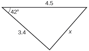 Þríhyrningur. Eitt horn er 42 gráður og mótlæg hlið þess er side = x. Hinar hliðarnar tvær eru 4.5 og 3.4.