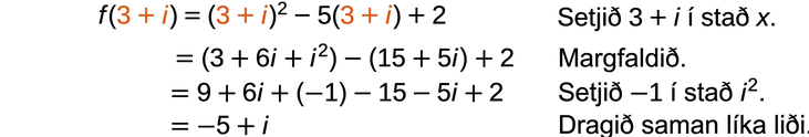 Skref fyrir skref er sýnt hvernig tvinntalan (3 + i) er sett inn í margliðufallið f(x) = x^2 - 5x + 2 og stæðan einfölduð þar til lokaniðurstaðan −5 + i fæst, með skýringum á hverju skrefi.