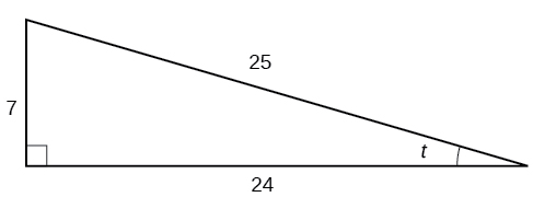 Rétthyrndur þríhyrningur með hliðarnar 7, 24 og 25. Hornið t er einnig merkt.