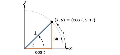 Einingarhringur með horninu t í staðalstöðu. Geislinn hefur lengdina 1 og lokaarmur hornsins sker hringinn í punktinum (x, y) = (cos t, sin t). Hornið spannar boga af lengd t.