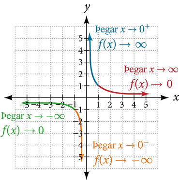Graf fallsins f(x)=1/x þar sem greinar þess eru auðkenndar til að sýna endahegðunina.