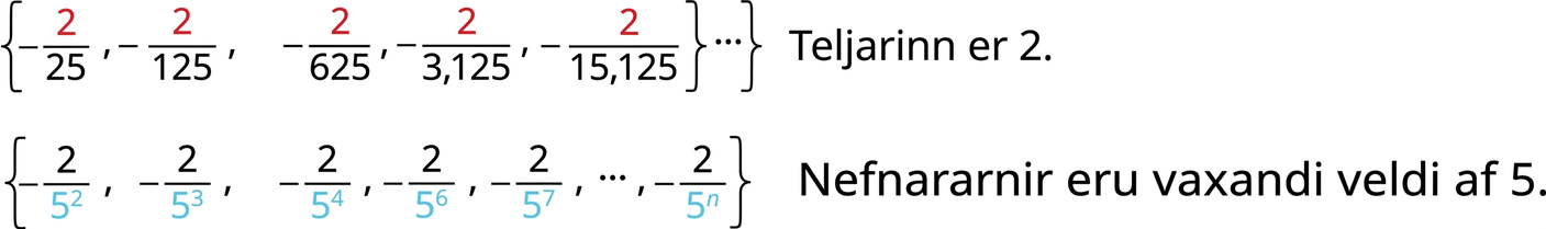 Myndin sýnir runu brota. Í efri línunni er runan {2/25, 2/125, 2/625, 2/3.125, 2/15.125, …} og tekið skýrt fram að teljarinn sé 2. Í neðri línunni er runan endurtekin með nefnurunum skrifuðum sem veldi af 5: {2/5^2, 2/5^3, 2/5^4, 2/5^6, 2/5^7, …, 2/5^n}; þannig kemur fram að nefnararnir eru vaxandi veldi af 5.