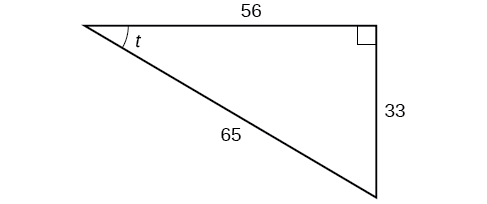 Rétthyrndur þríhyrningur með hliðarnar 33, 56 og 65. Hornið t er einnig merkt.