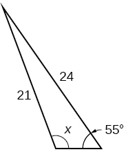 Þríhyrningur. Eitt horn er 55 gráður og hlið þess er mótlæg = 21. Annað horn er x gráður og mótlæg hlið þess er side = 24.