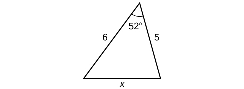 Þríhyrningur. Eitt hornið er 52 gráður og mótlæg hlið þess er side = x. Hinar hliðarnar eru 5 og 6.