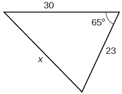 Þríhyrningur. Eitt horn er 65 gráður og mótlæg hlið þess er side = x. Hinar hliðarnar tvær eru 30 og 23.