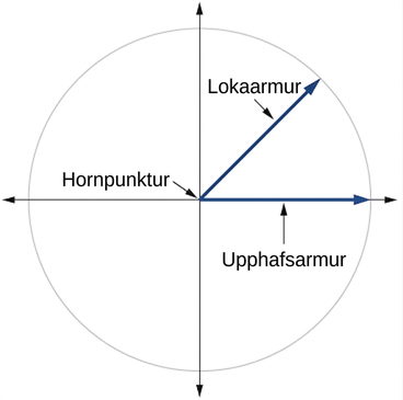 Graf hrings með innrituðu horni þar sem upphafsarmur, lokaarmur og oddpunktur eru sýnd.