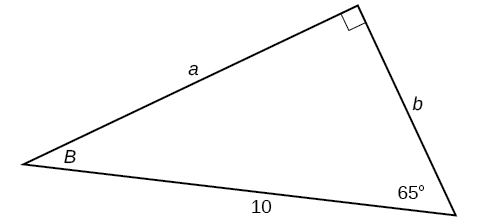 Rétthyrndur þríhyrningur með merktar hliðarnar a, b og 10. Hornin 65 gráður og B eru einnig merkt.