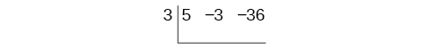 Uppsetning reiknirits Horners fyrir deilingu 5x² − 3x − 36 með x − 3. Talan 3 er vinstra megin og stuðlarnir 5, −3 og −36 í efstu röð.