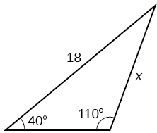 Þríhyrningur. Eitt horn er 40 gráður og mótlæg hlið þess er side = x. Annað horn er 110 gráður og hlið þess er mótlæg = 18.