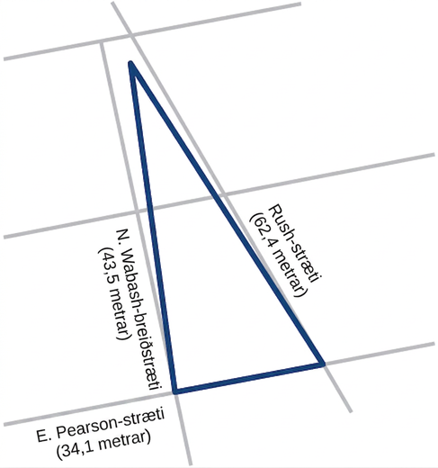 Þríhyrningur myndaður af Rush Street, N. Wabash Ave. og E. Pearson Street með lengdirnar 62.4, 43.5 og 34.1.
