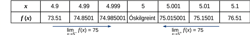 Taflan sýnir að þegar x-gildi stefna á 5 úr jákvæðri eða neikvæðri átt kemst f(x) mjög nálægt 75. Þegar x er jafnt 5 er y hins vegar óskilgreint.