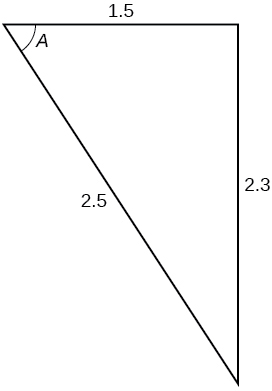 Þríhyrningur. Hornið A er á móti hlið með lengdina 2.3. Hinar hliðarnar tvær eru 1.5 og 2.5.