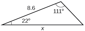 Þríhyrningur. Eitt horn er 111 gráður og mótlæg hlið þess er side = x. Annað horn er 22 gráður. Hliðin sem liggur að 111 og 22 gráðu hornunum angles = 8.6.