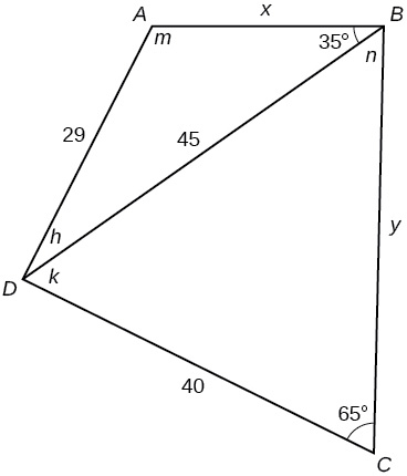 Ferhyrningur með hornpunktana A, B, C og D. Hornalína með lengdina 45 liggur frá B til D. Hlið AB er x, hlið BC er y, hlið CD er 40 og hlið DA er 29. Hornið A er m gráður, hornið C er 65 gráður, hornið ABD er 35 gráður, hornið DBC er n gráður, hornið BDC er k gráður og hornið ADB er h gráður.
