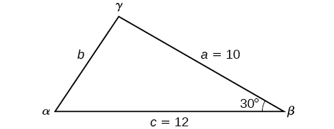 Þríhyrningur með hefðbundnum merkingum. Hlið a = 10, hlið c = 12 og hornið beta = 30 gráður.