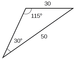 Þríhyrningur. Eitt horn er 115 gráður og mótlæg hlið þess er side = 50. Annað horn er 30 gráður og mótlæg hlið þess er side = 30.