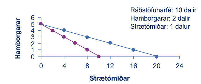 Tvær fjárhagslínur fyrir 10 dala ráðstöfunarfé og hamborgara sem kosta 2 dali. Þegar strætómiði hækkar úr 0,50 dal í 1 dal helst lóðrétti skurðpunkturinn fimm hamborgarar en lárétti skurðpunkturinn færist úr tuttugu miðum í tíu.