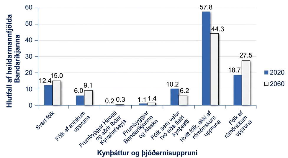 Súlurit sem ber saman hlutfall bandarísks mannfjölda árið 2020 og eldri spá fyrir 2060. Flokkarnir eru svart fólk, fólk af asískum uppruna, frumbyggjar Hawaii og aðrir íbúar Kyrrahafseyja, frumbyggjar Bandaríkjanna og Alaska, fólk sem velur tvo eða fleiri kynþætti, hvítt fólk sem er ekki af rómönskum uppruna og fólk af rómönskum uppruna. Tölugildi hvers súlupars eru sýnd á myndinni.