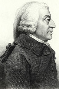 Andlitsmynd af Adam Smith frá hlið.