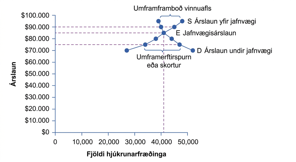Myndrit af vinnumarkaði hjúkrunarfræðinga. Eftirspurnarferillinn hallar niður á við og framboðsferillinn upp á við. Þeir skerast við um 85.000 Bandaríkjadala árslaun og 41.000 hjúkrunarfræðinga. Við 90.000 Bandaríkjadala árslaun er framboð vinnuafls meira en eftirspurn, en við 75.000 Bandaríkjadala árslaun er eftirspurn meiri en framboð.