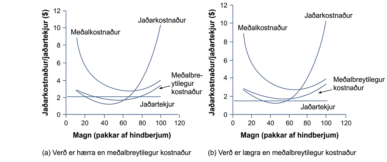 Tvö línurit sýna að fyrirtæki heldur áfram framleiðslu þótt tap verði þegar verð er yfir meðalbreytilegum kostnaði en lokar þegar verð fer undir hann.