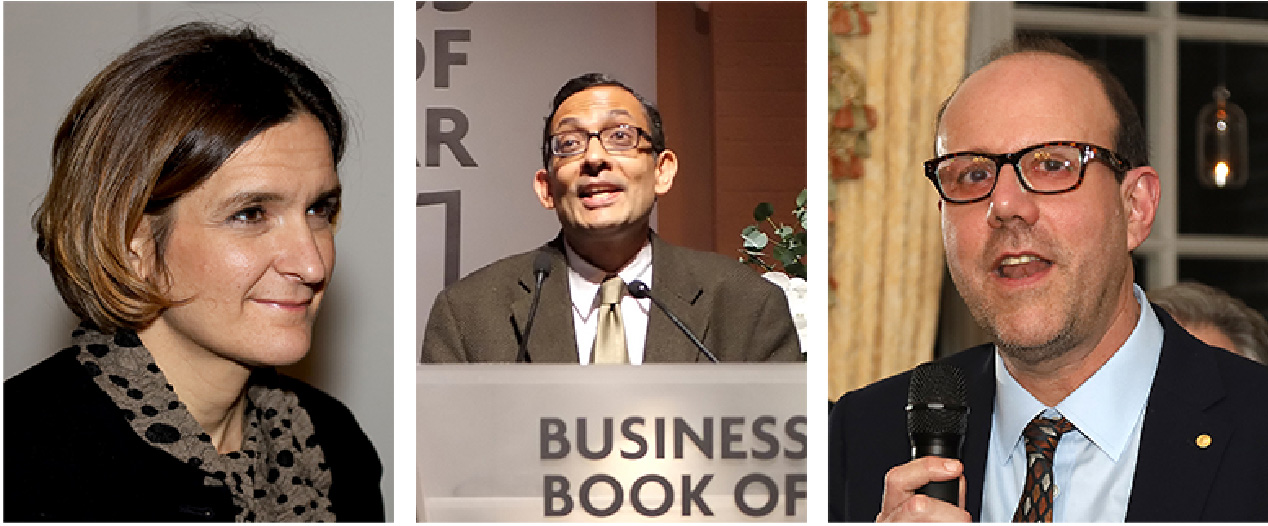 Ljósmyndir af Esther Duflo, Abhijit Banerjee og Michael Kremer.