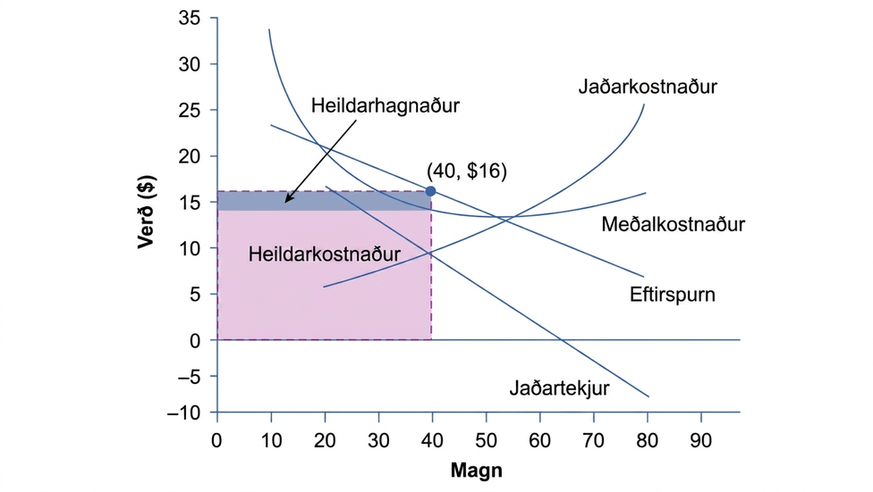 Grafið sýnir að framleiðslumagn sem hámarkar hagnað er þar sem jaðartekjur eru jafnar jaðarkostnaði. Verðið sem hámarkar hagnað fæst af hæð eftirspurnarferilsins við það magn.