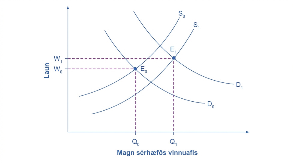 Framboðs- og eftirspurnarlínurit fyrir sérhæft vinnuafl. Framboð hliðrast frá S₀ til S₁, eftirspurn frá D₀ til D₁ og jafnvægi frá E₀ til E₁; bæði jafnvægislaun og ráðinn fjöldi hækka.