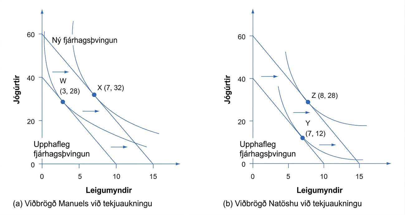 Tvö gröf með leigumyndum á lárétta ásnum og jógúrt á þeim lóðrétta. Fyrra sýnir tekjuviðbrögð Manuels frá W í X en síðara viðbrögð Natöshu frá Y í Z.