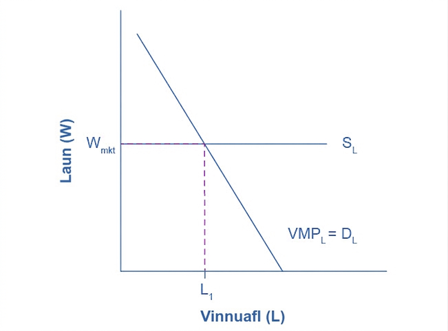 Myndrit af eftirspurn fyrirtækis eftir vinnuafli. Lárétti ásinn sýnir vinnuafl og lóðrétti ásinn laun. Niðurhallandi VMPL-ferill sker lárétta línu markaðslauna við L1.