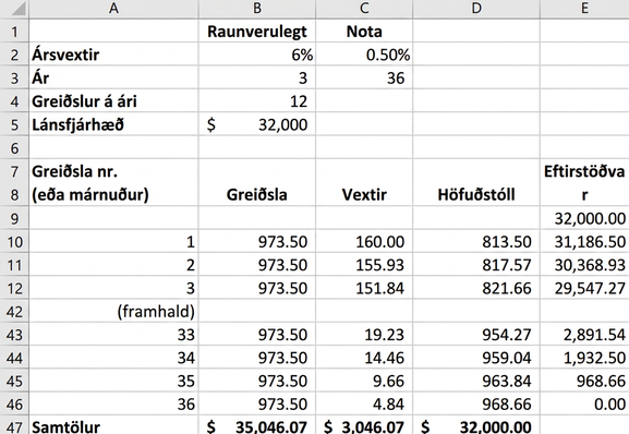 Afborgunartafla sem sýnir ársvexti, ár, greiðslur á ári, lánsfjárhæð og heildareftirstöðvar. Greiðsla, vextir og höfuðstóll eru sýnd fyrir hverja greiðslu. Í hverri röð er greiddur höfuðstóll dreginn frá eftirstöðvum til að finna nýja fjárhæð eftirstöðva. Þetta ferli heldur áfram þar til eftirstöðvarnar eru orðnar núll og afborgunartaflan er fullgerð.