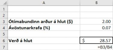 Excel-töflureiknir til að meta fasta eilífðargreiðslu. Árlegur arður á hlut er í hólfi B3 og ávöxtunarkrafan í B4. Verð á hlut er reiknað með því að deila arðinum með ávöxtunarkröfunni samkvæmt formúlunni =B3/B4.