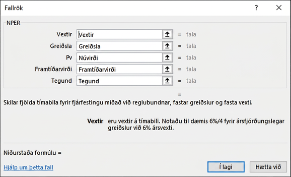 Skjámynd 7.12 Nýr valgluggi fyrir rök NPER-falls. Hún sýnir Excel-valglugga eða töflureikni með viðeigandi falli, rökum og niðurstöðum.