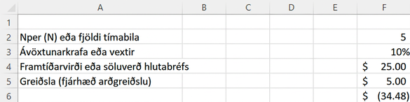 Excel-uppsetning fyrir fimm tímabil, 10% ávöxtunarkröfu, $5 árlegan arð og $25 söluverð; reiknað hlutabréfaverð er $34.48.